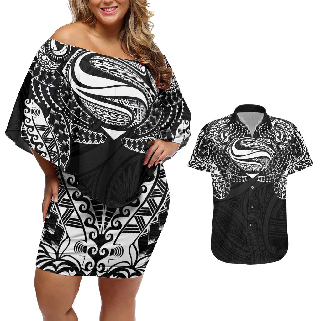 Super Samoan Traditional Tribal Art Tattoos Couples Matching Off Shoulder Short Dress and Hawaiian Shirt Black Color - Polynesian Pride