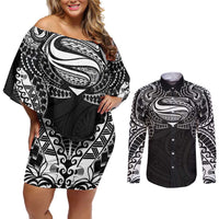 Super Samoan Traditional Tribal Art Tattoos Couples Matching Off Shoulder Short Dress and Long Sleeve Button Shirt Black Color LT03 Black - Polynesian Pride