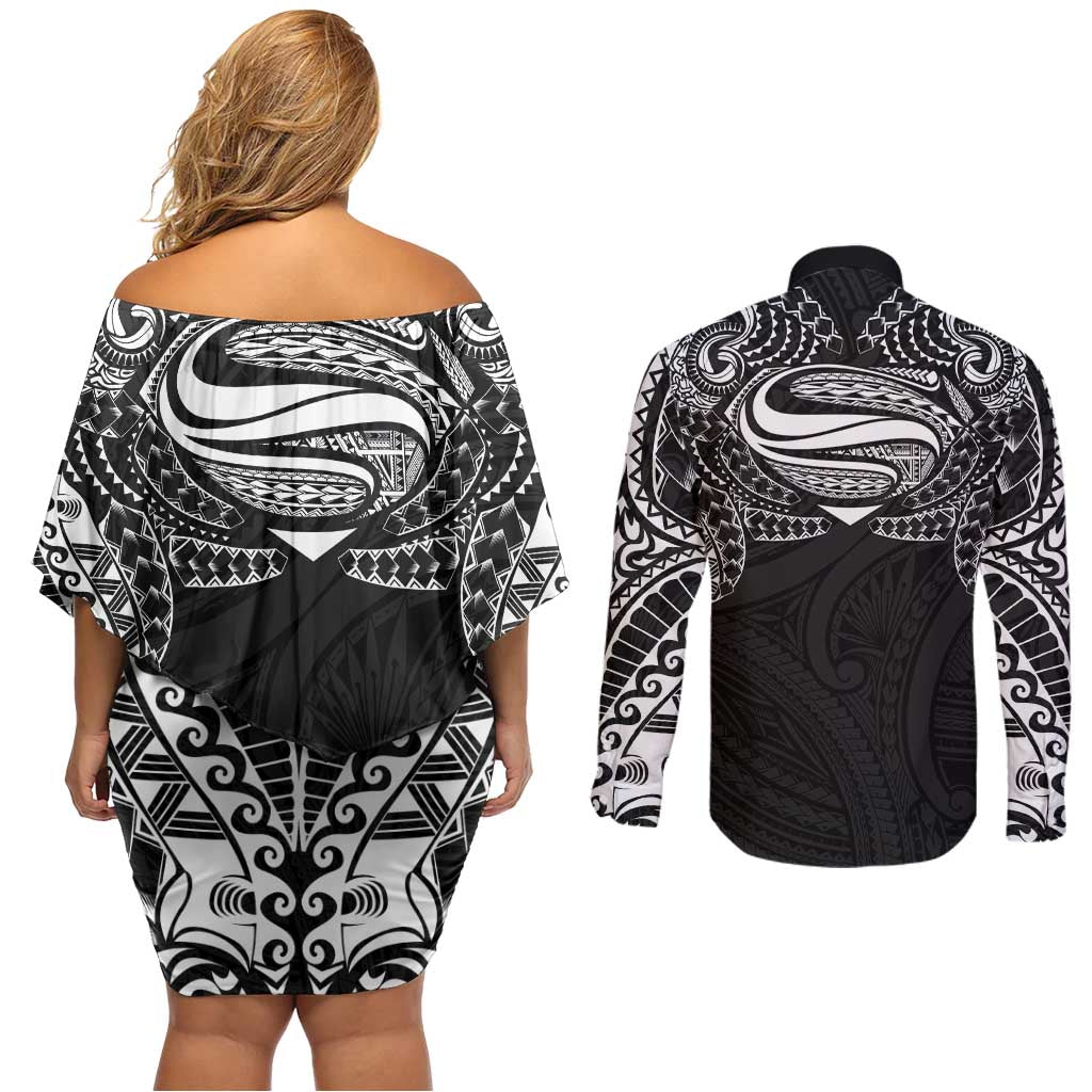 Super Samoan Traditional Tribal Art Tattoos Couples Matching Off Shoulder Short Dress and Long Sleeve Button Shirt Black Color LT03 - Polynesian Pride