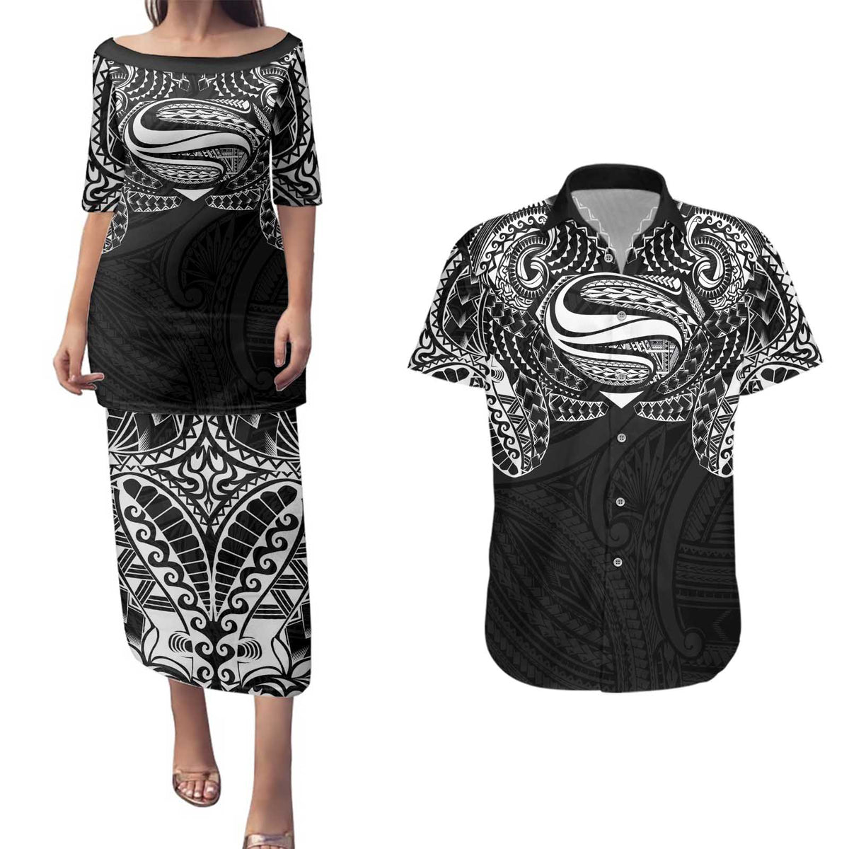 Super Samoan Traditional Tribal Art Tattoos Couples Matching Puletasi and Hawaiian Shirt Black Color LT03 Black - Polynesian Pride