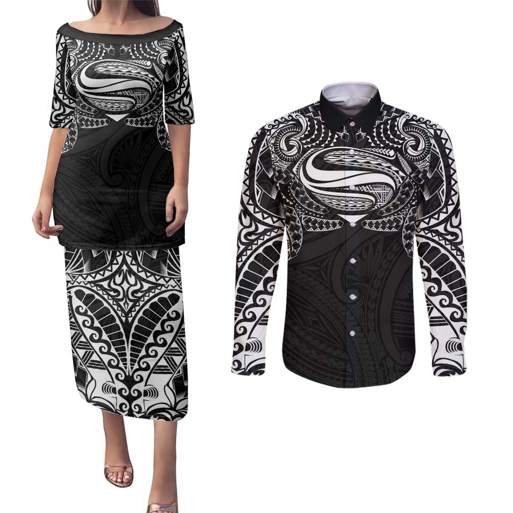 Super Samoan Traditional Tribal Art Tattoos Couples Matching Puletasi and Long Sleeve Button Shirt Black Color LT03 Black - Polynesian Pride