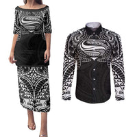 Super Samoan Traditional Tribal Art Tattoos Couples Matching Puletasi and Long Sleeve Button Shirt Black Color LT03 Black - Polynesian Pride