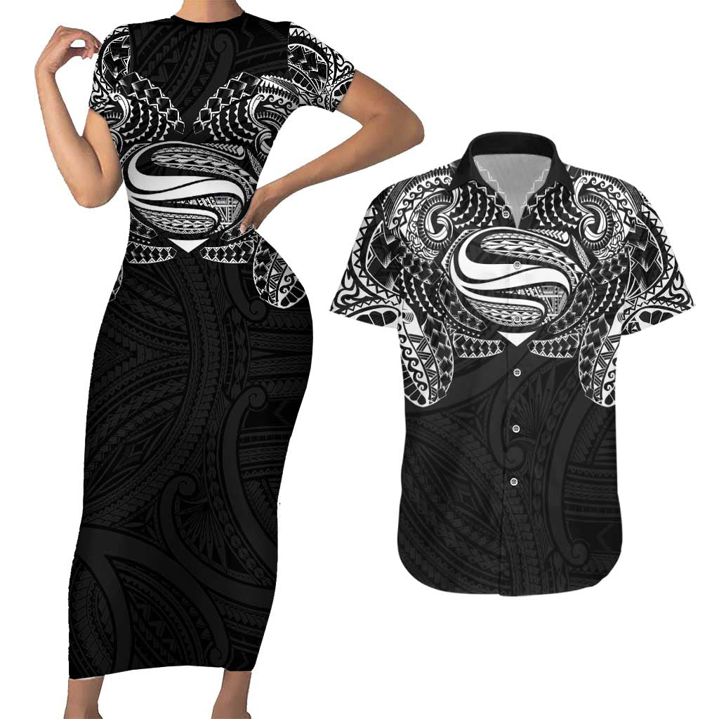 Super Samoan Traditional Tribal Art Tattoos Couples Matching Short Sleeve Bodycon Dress and Hawaiian Shirt Black Color - Polynesian Pride