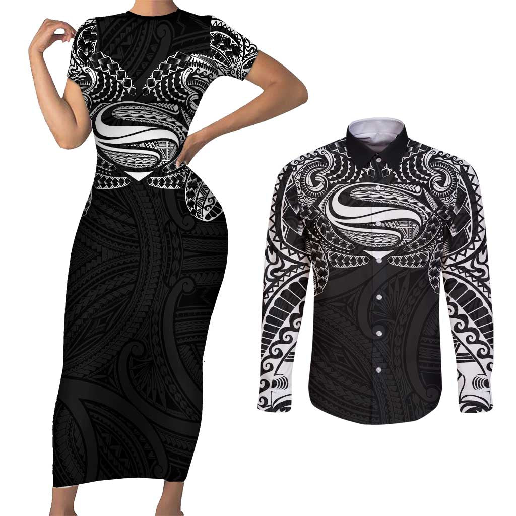 Super Samoan Traditional Tribal Art Tattoos Couples Matching Short Sleeve Bodycon Dress and Long Sleeve Button Shirt Black Color LT03 Black - Polynesian Pride