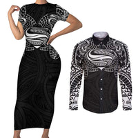 Super Samoan Traditional Tribal Art Tattoos Couples Matching Short Sleeve Bodycon Dress and Long Sleeve Button Shirt Black Color LT03 Black - Polynesian Pride