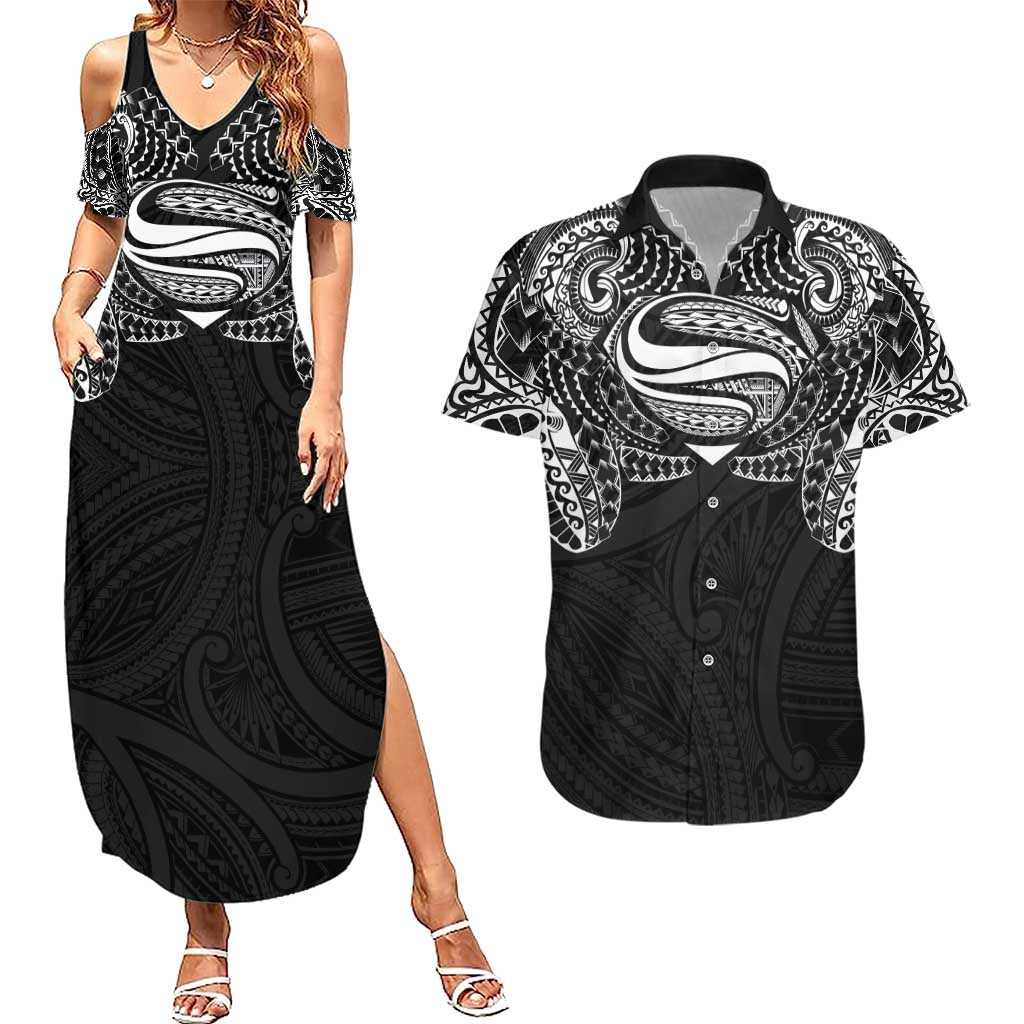 Super Samoan Traditional Tribal Art Tattoos Couples Matching Summer Maxi Dress and Hawaiian Shirt Black Color - Polynesian Pride