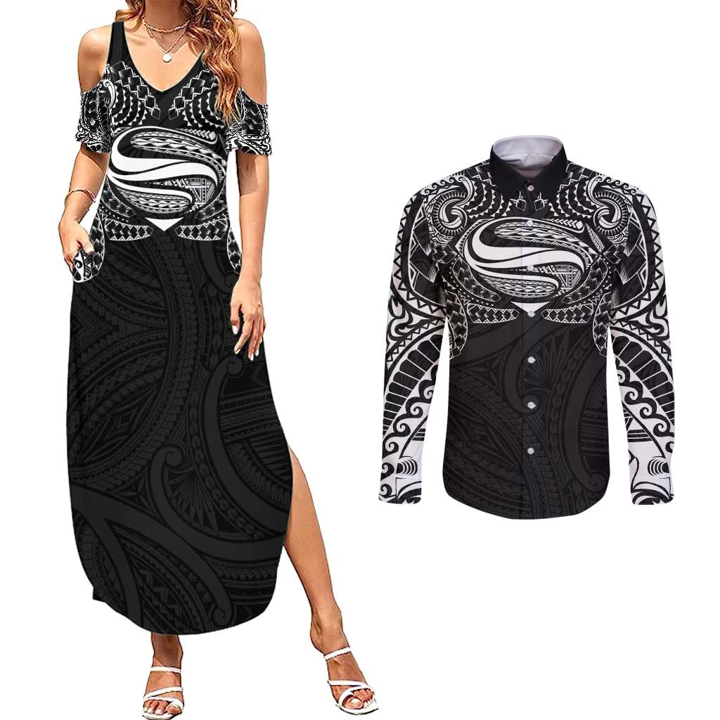 Super Samoan Traditional Tribal Art Tattoos Couples Matching Summer Maxi Dress and Long Sleeve Button Shirt Black Color LT03 Black - Polynesian Pride