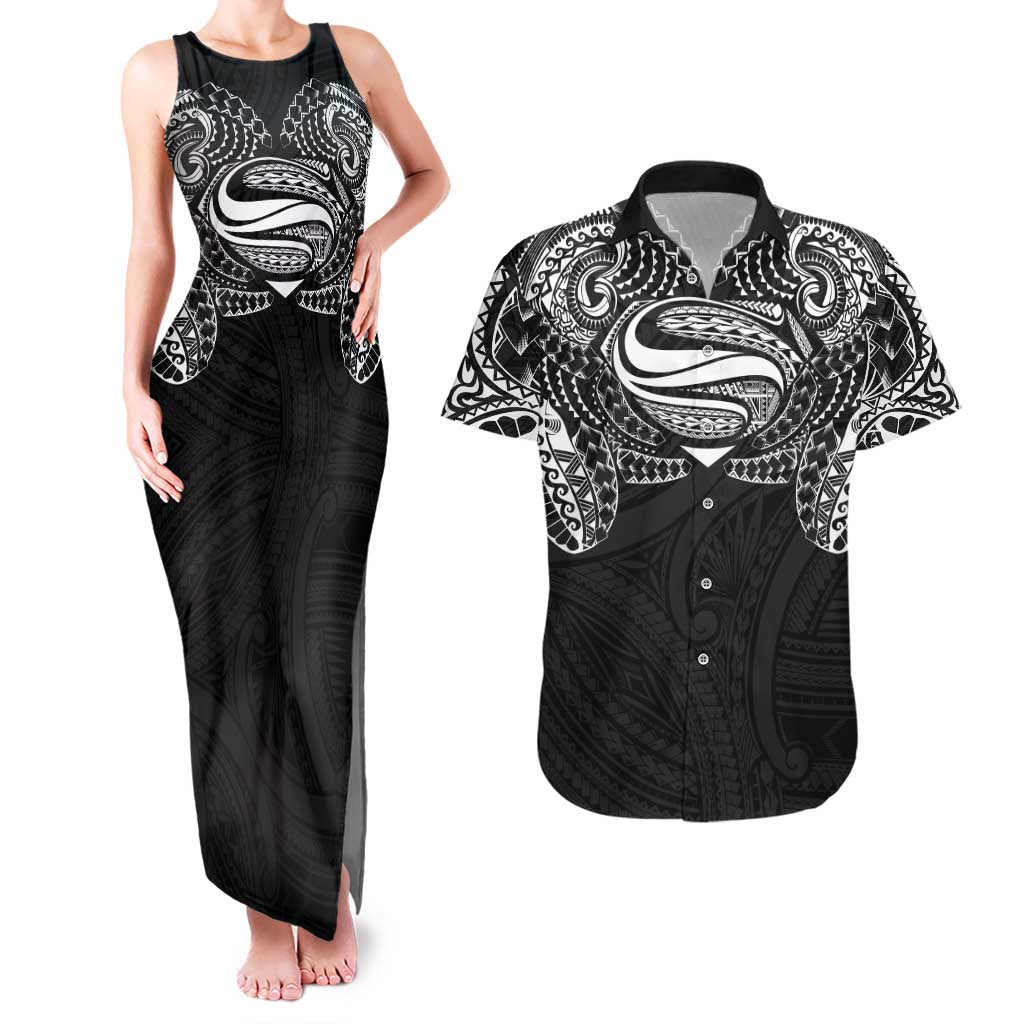 Super Samoan Traditional Tribal Art Tattoos Couples Matching Tank Maxi Dress and Hawaiian Shirt Black Color - Polynesian Pride