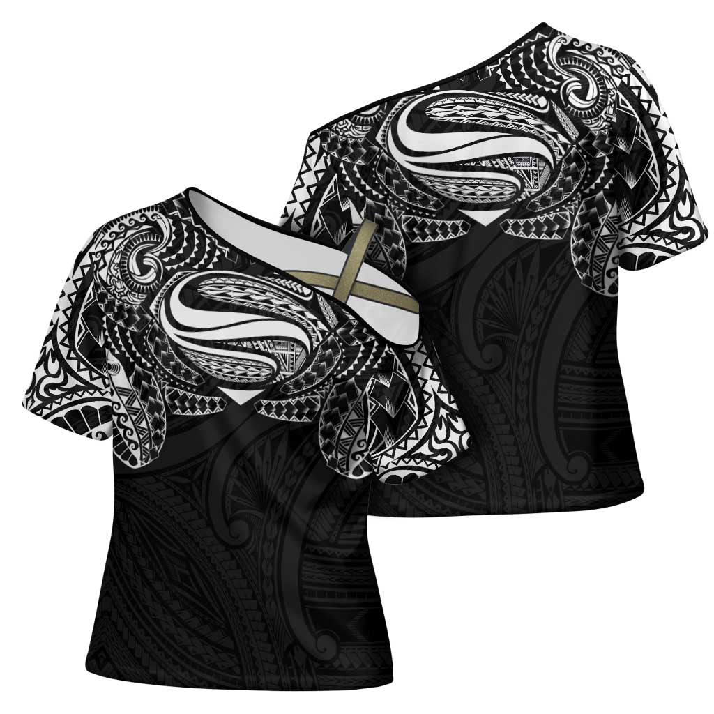 Super Samoan Traditional Tribal Art Tattoos Cross Shoulder Shirt Black Color LT03 - Polynesian Pride