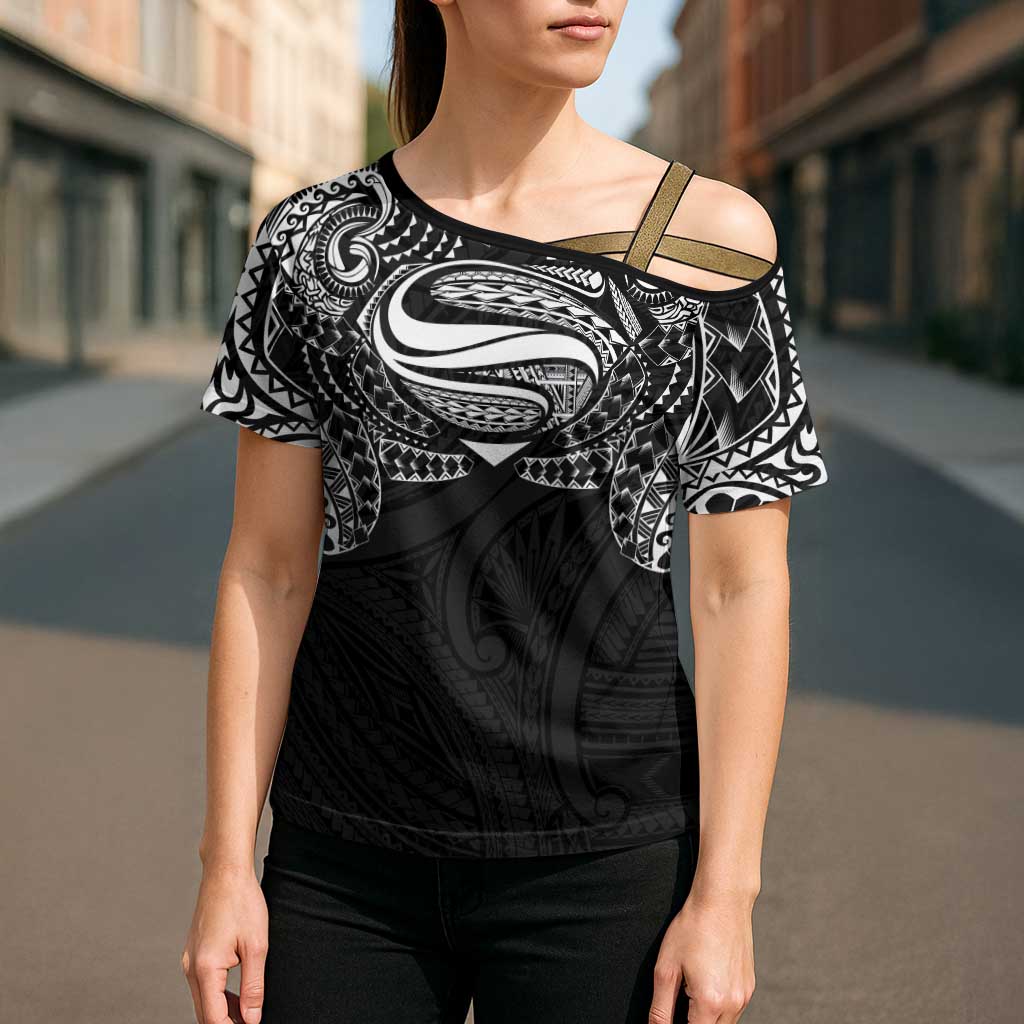 Super Samoan Traditional Tribal Art Tattoos Cross Shoulder Shirt Black Color LT03 - Polynesian Pride