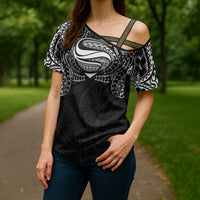 Super Samoan Traditional Tribal Art Tattoos Cross Shoulder Shirt Black Color LT03 - Polynesian Pride