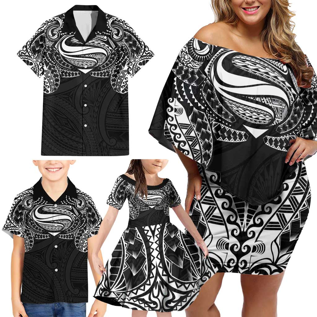 Super Samoan Traditional Tribal Art Tattoos Family Matching Off Shoulder Short Dress and Hawaiian Shirt Black Color - Polynesian Pride