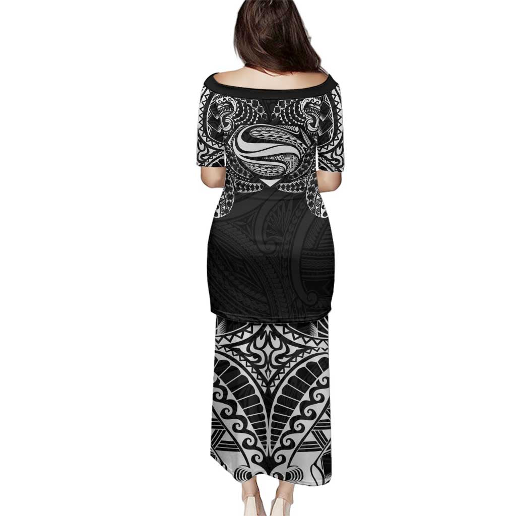 Super Samoan Traditional Tribal Art Tattoos Family Matching Puletasi and Hawaiian Shirt Black Color - Polynesian Pride