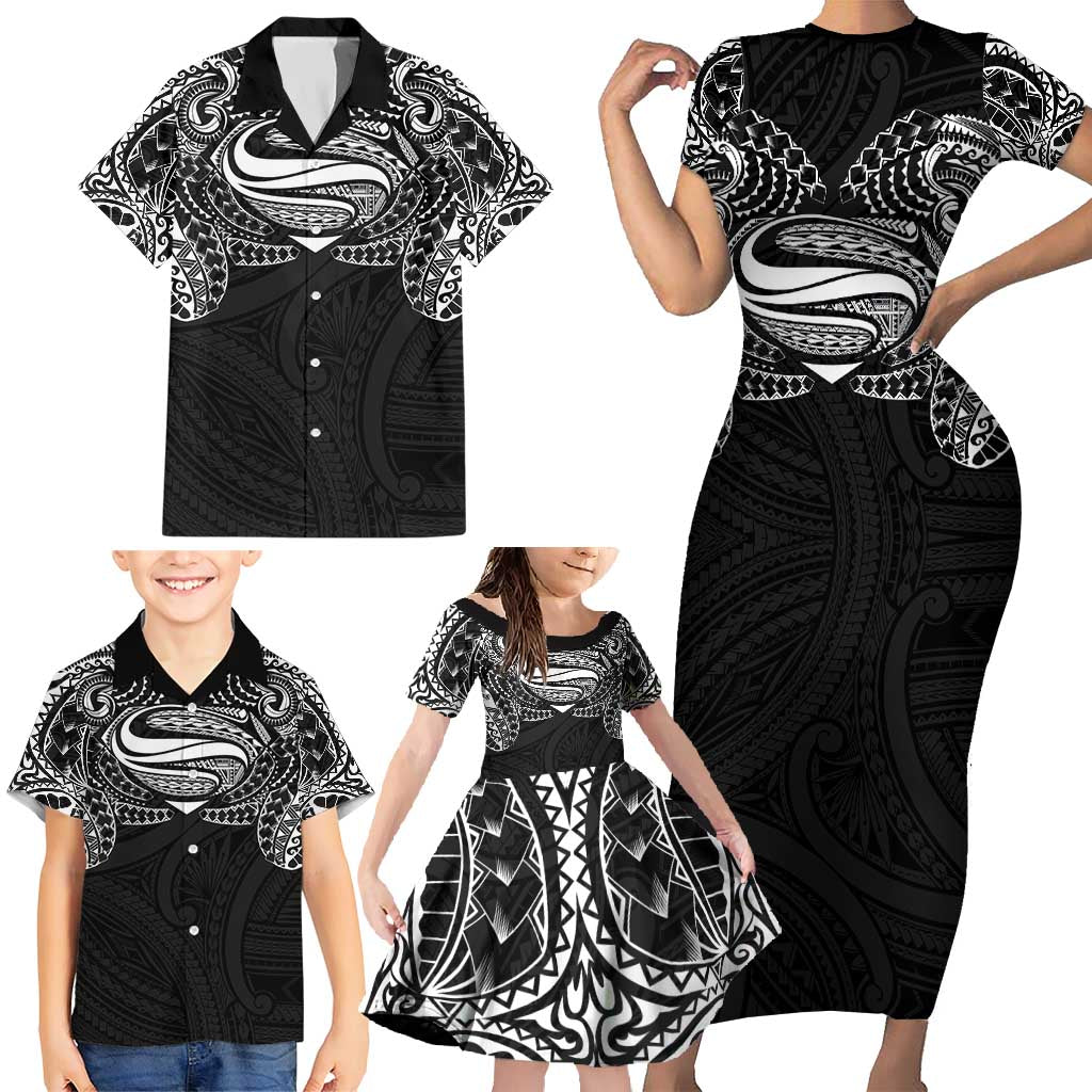 Super Samoan Traditional Tribal Art Tattoos Family Matching Short Sleeve Bodycon Dress and Hawaiian Shirt Black Color - Polynesian Pride
