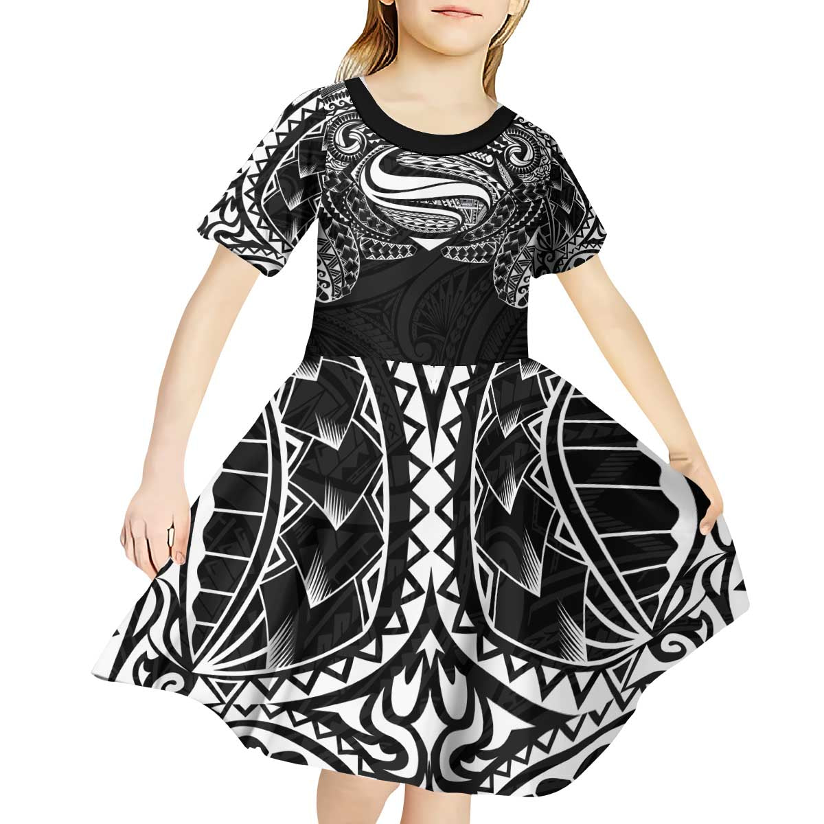 Super Samoan Traditional Tribal Art Tattoos Kid Short Sleeve Dress Black Color - Polynesian Pride