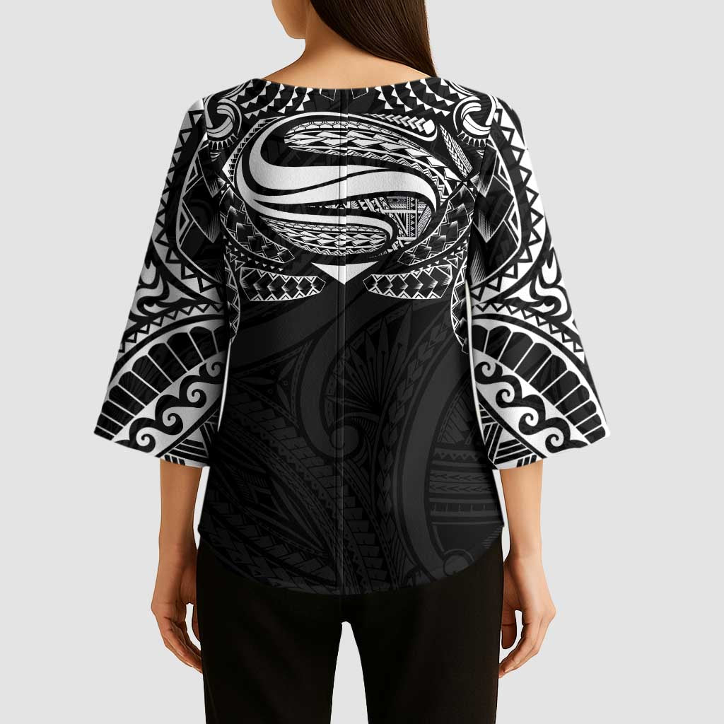 Super Samoan Traditional Tribal Art Tattoos Kimono Sleeve Blouse Black Color LT03 - Polynesian Pride
