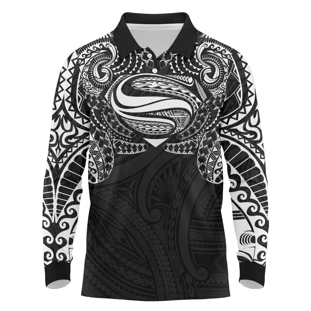 Super Samoan Traditional Tribal Art Tattoos Long Sleeve Polo Shirt Black Color LT03 Black - Polynesian Pride