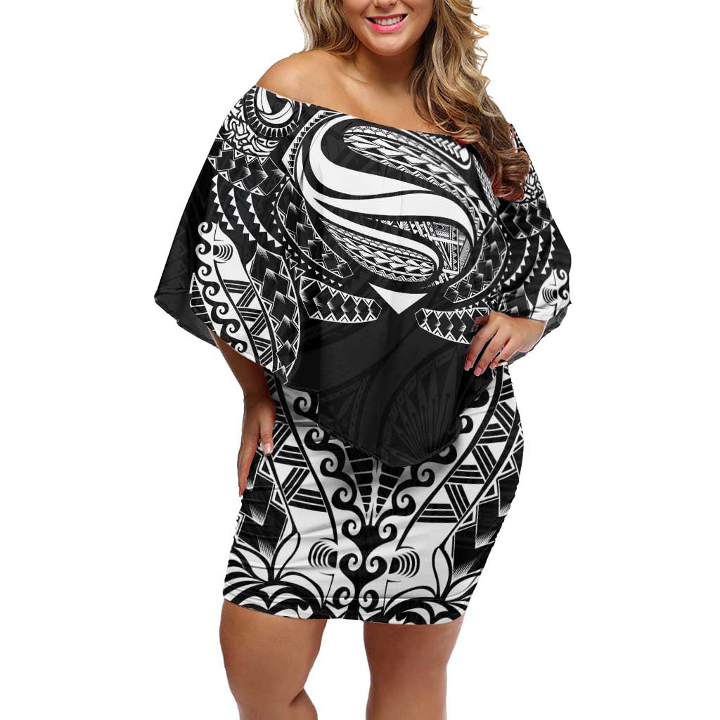 Super Samoan Traditional Tribal Art Tattoos Off Shoulder Short Dress Black Color - Polynesian Pride