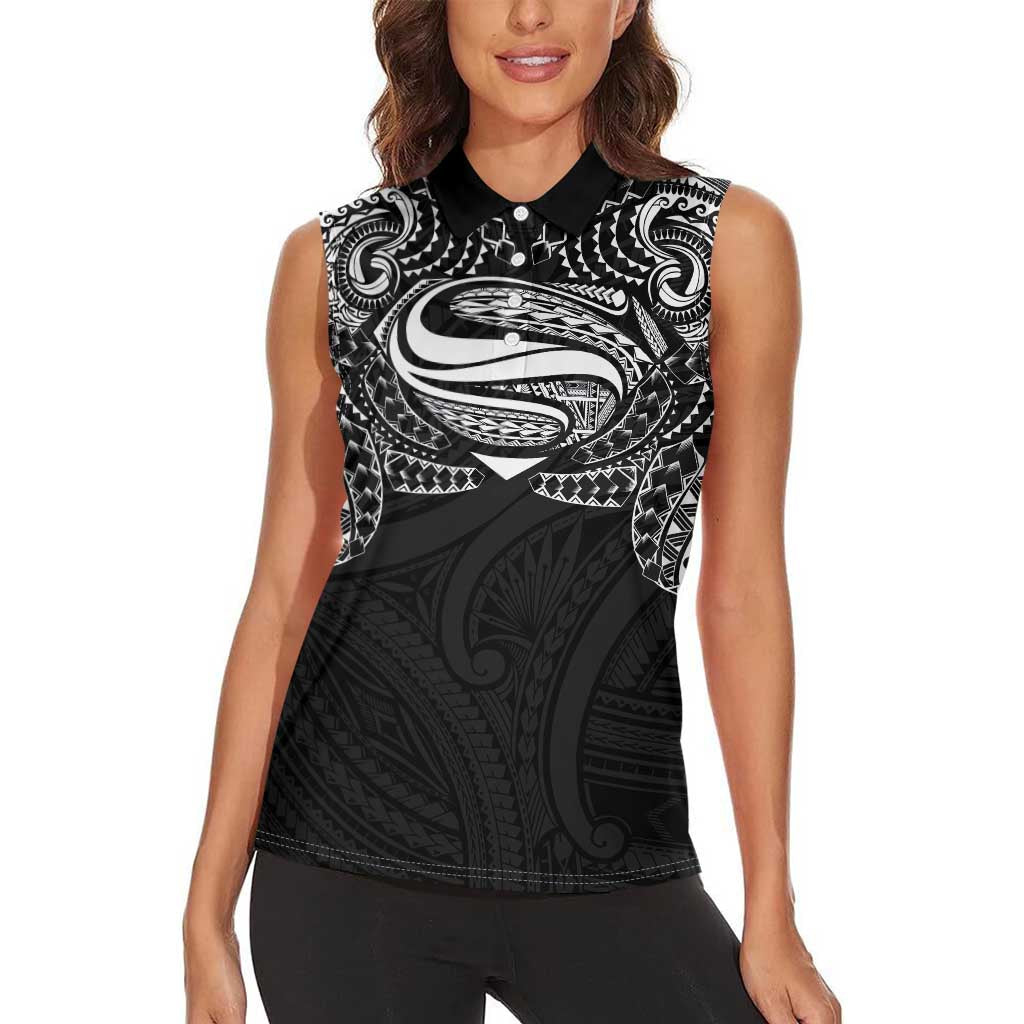 Super Samoan Traditional Tribal Art Tattoos Women Sleeveless Polo Shirt Black Color LT03 - Polynesian Pride