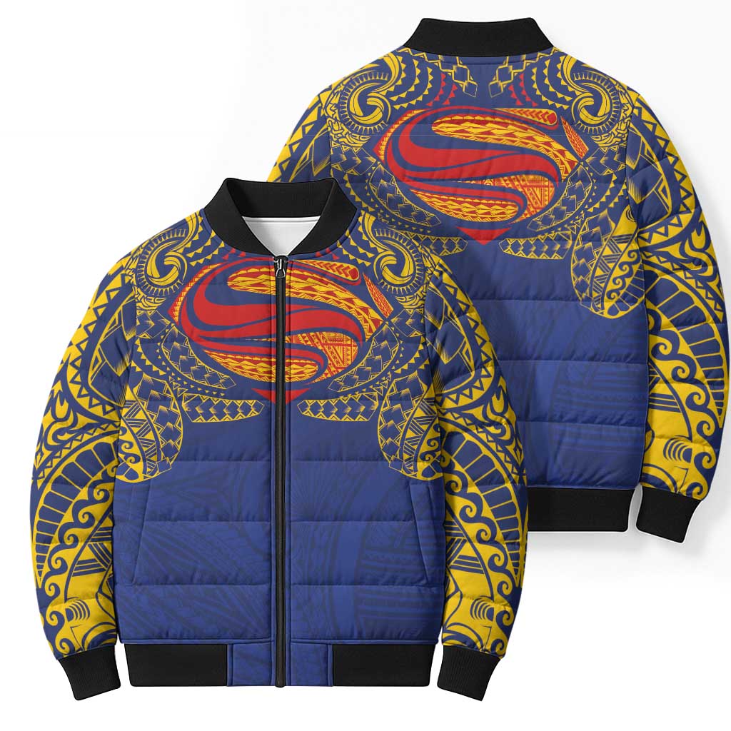 Super Samoan Traditional Tribal Art Tattoos Bomber Puffer Jacket Blue Color LT03 - Polynesian Pride