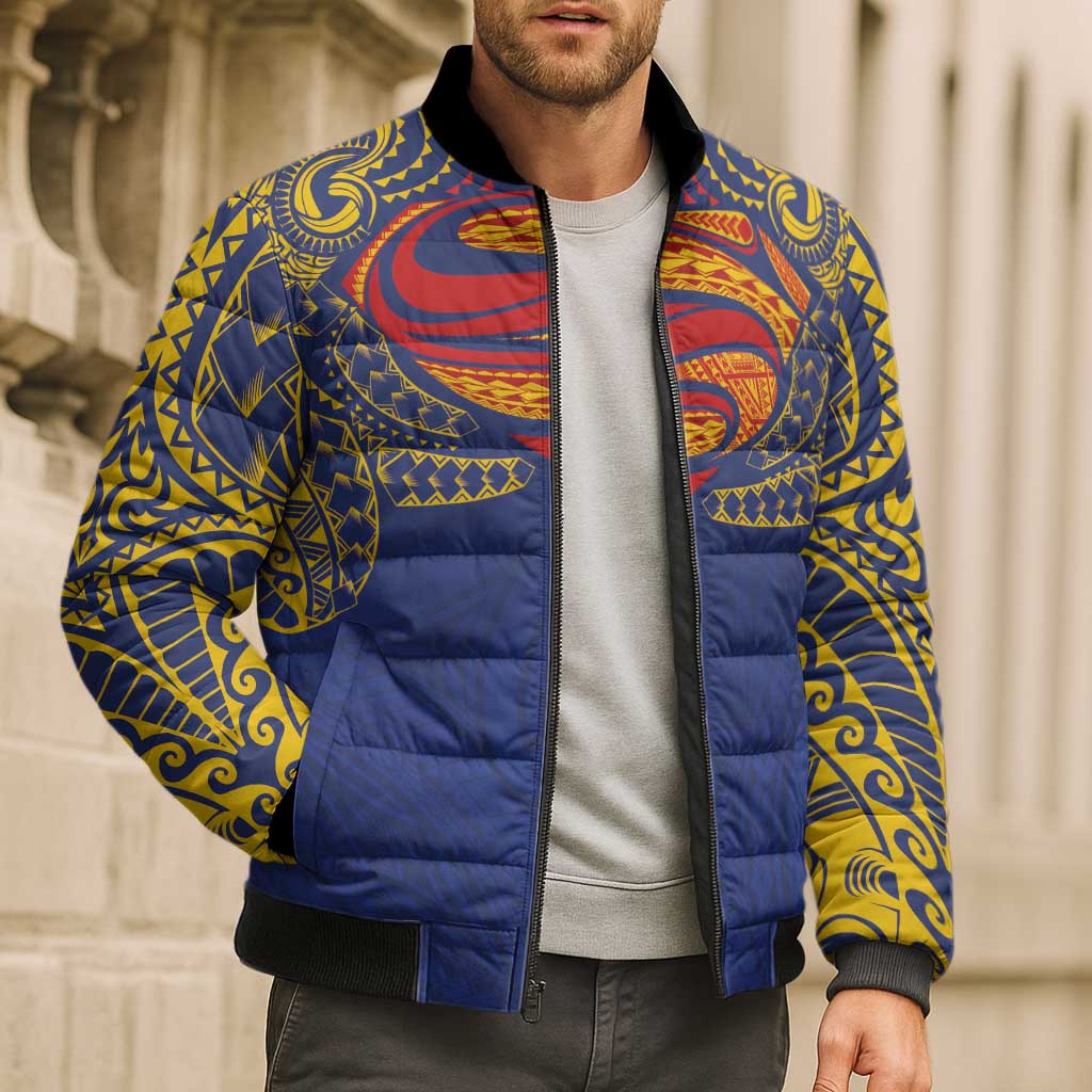 Super Samoan Traditional Tribal Art Tattoos Bomber Puffer Jacket Blue Color LT03 - Polynesian Pride