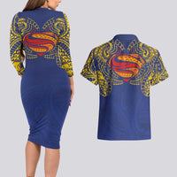 Super Samoan Traditional Tribal Art Tattoos Couples Matching Long Sleeve Bodycon Dress and Hawaiian Shirt Blue Color - Polynesian Pride