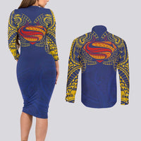 Super Samoan Traditional Tribal Art Tattoos Couples Matching Long Sleeve Bodycon Dress and Long Sleeve Button Shirt Blue Color LT03 - Polynesian Pride
