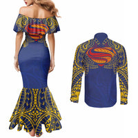 Super Samoan Traditional Tribal Art Tattoos Couples Matching Mermaid Dress and Long Sleeve Button Shirt Blue Color LT03 - Polynesian Pride