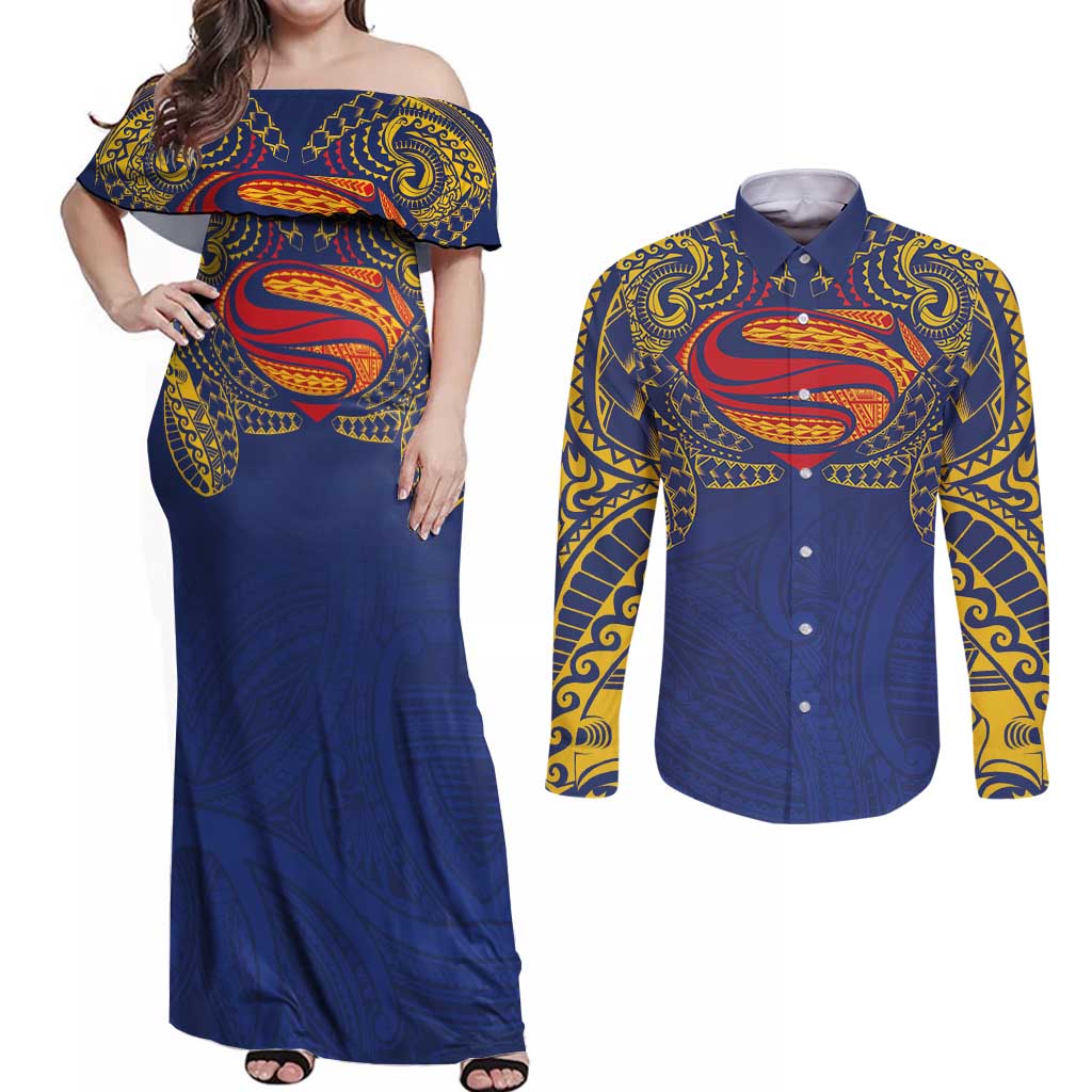 Super Samoan Traditional Tribal Art Tattoos Couples Matching Off Shoulder Maxi Dress and Long Sleeve Button Shirt Blue Color LT03 Blue - Polynesian Pride