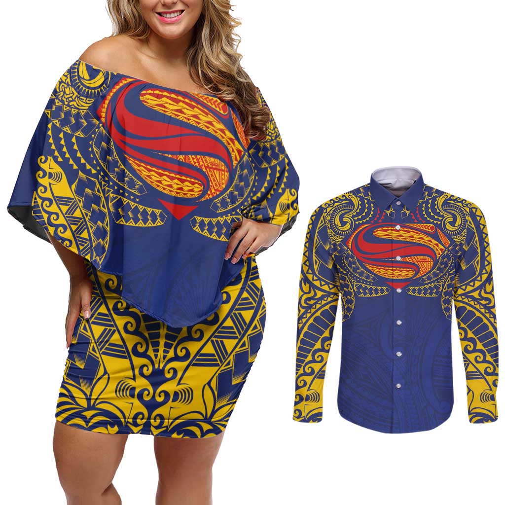 Super Samoan Traditional Tribal Art Tattoos Couples Matching Off Shoulder Short Dress and Long Sleeve Button Shirt Blue Color LT03 Blue - Polynesian Pride
