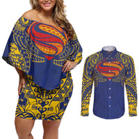Super Samoan Traditional Tribal Art Tattoos Couples Matching Off Shoulder Short Dress and Long Sleeve Button Shirt Blue Color LT03 Blue - Polynesian Pride