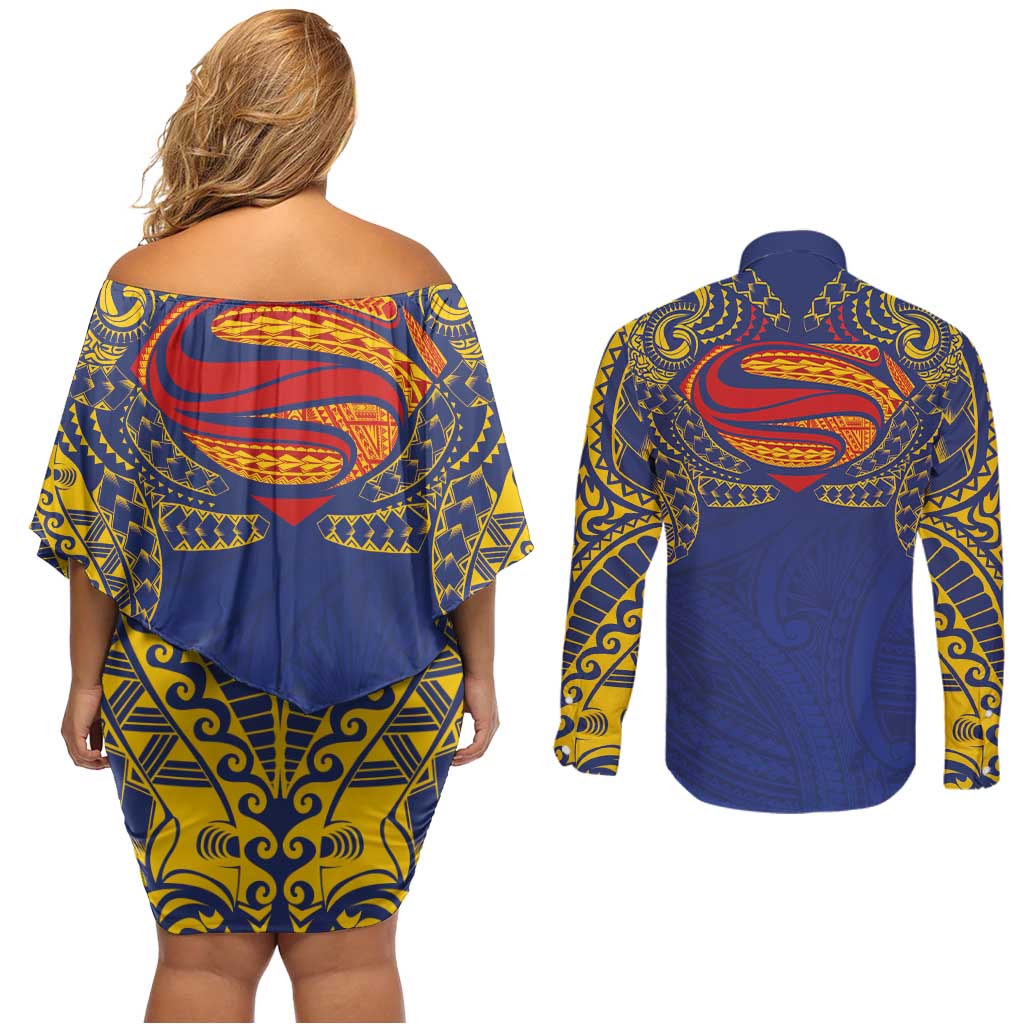Super Samoan Traditional Tribal Art Tattoos Couples Matching Off Shoulder Short Dress and Long Sleeve Button Shirt Blue Color LT03 - Polynesian Pride