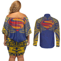 Super Samoan Traditional Tribal Art Tattoos Couples Matching Off Shoulder Short Dress and Long Sleeve Button Shirt Blue Color LT03 - Polynesian Pride