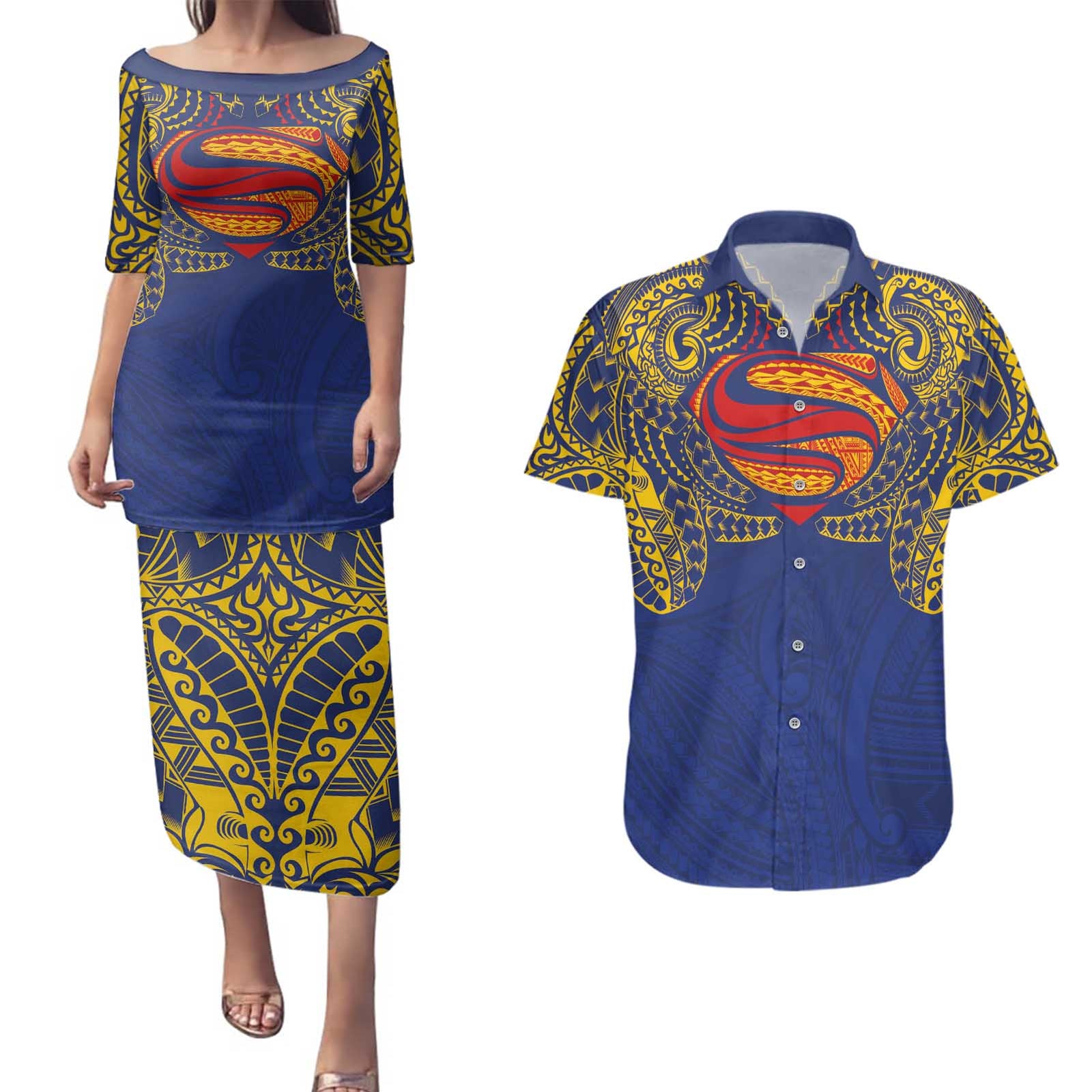 Super Samoan Traditional Tribal Art Tattoos Couples Matching Puletasi and Hawaiian Shirt Blue Color - Polynesian Pride