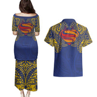 Super Samoan Traditional Tribal Art Tattoos Couples Matching Puletasi and Hawaiian Shirt Blue Color LT03 - Polynesian Pride