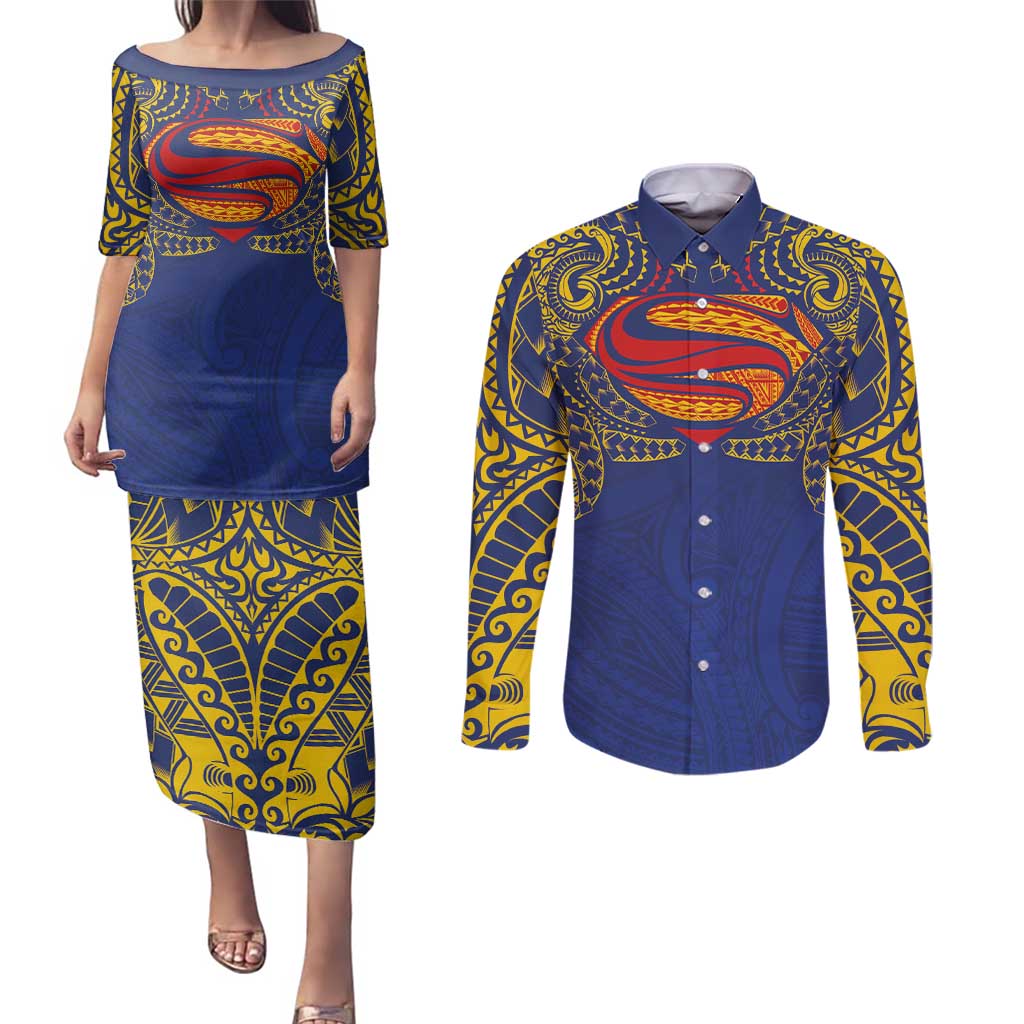 Super Samoan Traditional Tribal Art Tattoos Couples Matching Puletasi and Long Sleeve Button Shirt Blue Color LT03 Blue - Polynesian Pride
