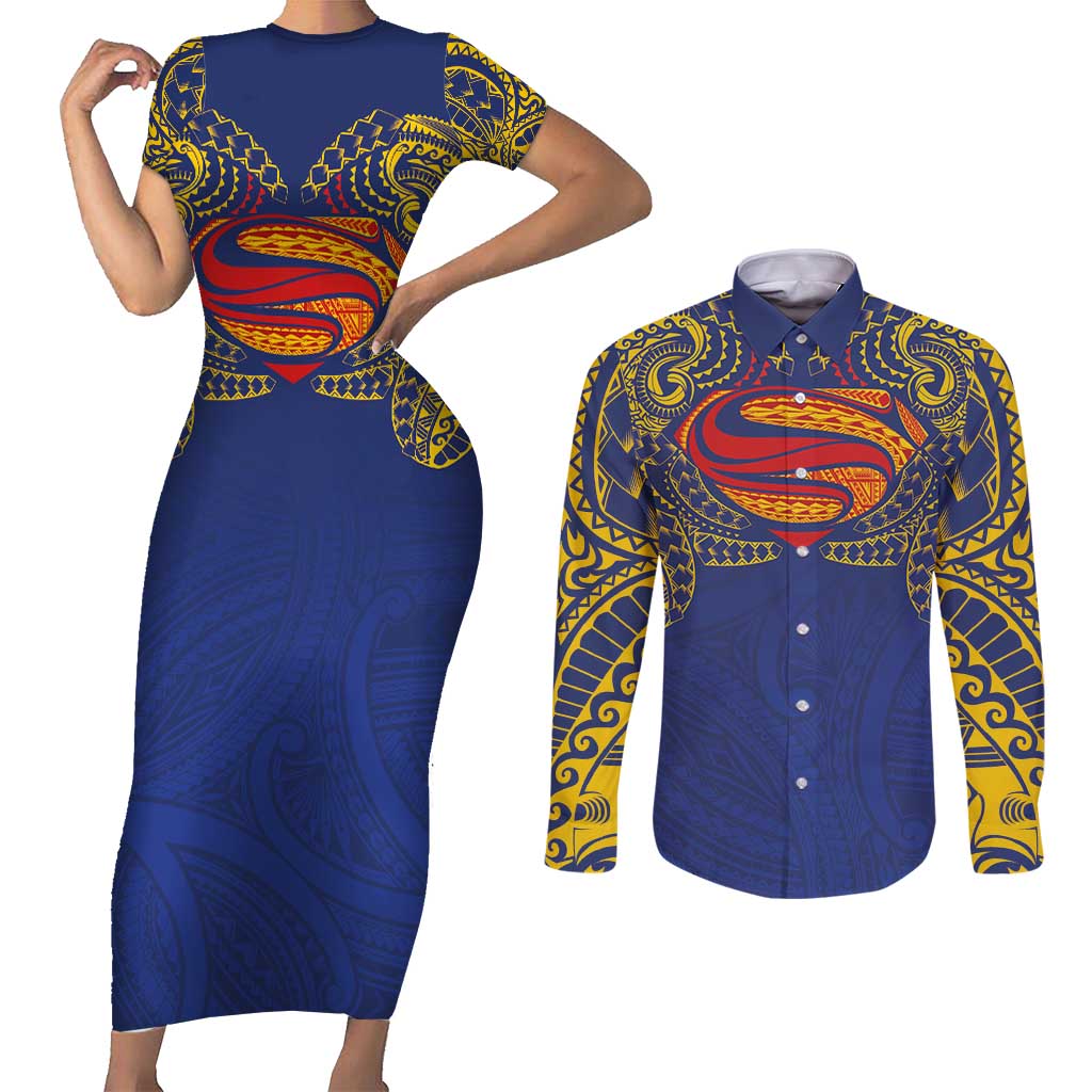 Super Samoan Traditional Tribal Art Tattoos Couples Matching Short Sleeve Bodycon Dress and Long Sleeve Button Shirt Blue Color LT03 Blue - Polynesian Pride