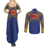 Super Samoan Traditional Tribal Art Tattoos Couples Matching Summer Maxi Dress and Long Sleeve Button Shirt Blue Color LT03 - Polynesian Pride