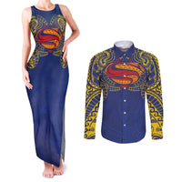 Super Samoan Traditional Tribal Art Tattoos Couples Matching Tank Maxi Dress and Long Sleeve Button Shirt Blue Color LT03 Blue - Polynesian Pride