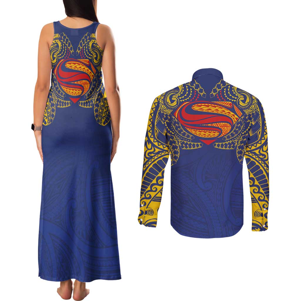 Super Samoan Traditional Tribal Art Tattoos Couples Matching Tank Maxi Dress and Long Sleeve Button Shirt Blue Color LT03 - Polynesian Pride