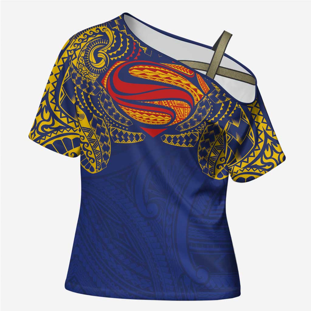 Super Samoan Traditional Tribal Art Tattoos Cross Shoulder Shirt Blue Color - Polynesian Pride