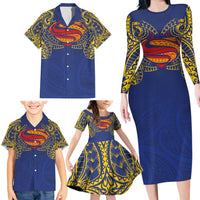 Super Samoan Traditional Tribal Art Tattoos Family Matching Long Sleeve Bodycon Dress and Hawaiian Shirt Blue Color - Polynesian Pride