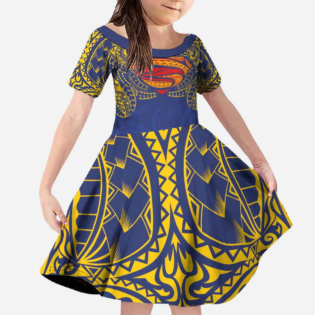 Super Samoan Traditional Tribal Art Tattoos Family Matching Mermaid Dress and Hawaiian Shirt Blue Color LT03 Daughter's Dress Blue - Polynesian Pride