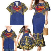 Super Samoan Traditional Tribal Art Tattoos Family Matching Mermaid Dress and Hawaiian Shirt Blue Color LT03 - Polynesian Pride
