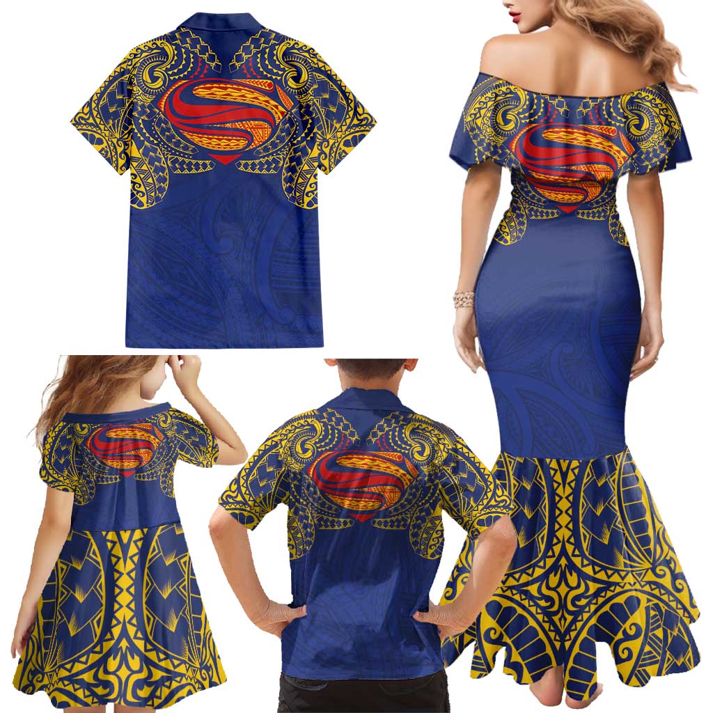 Super Samoan Traditional Tribal Art Tattoos Family Matching Mermaid Dress and Hawaiian Shirt Blue Color LT03 - Polynesian Pride