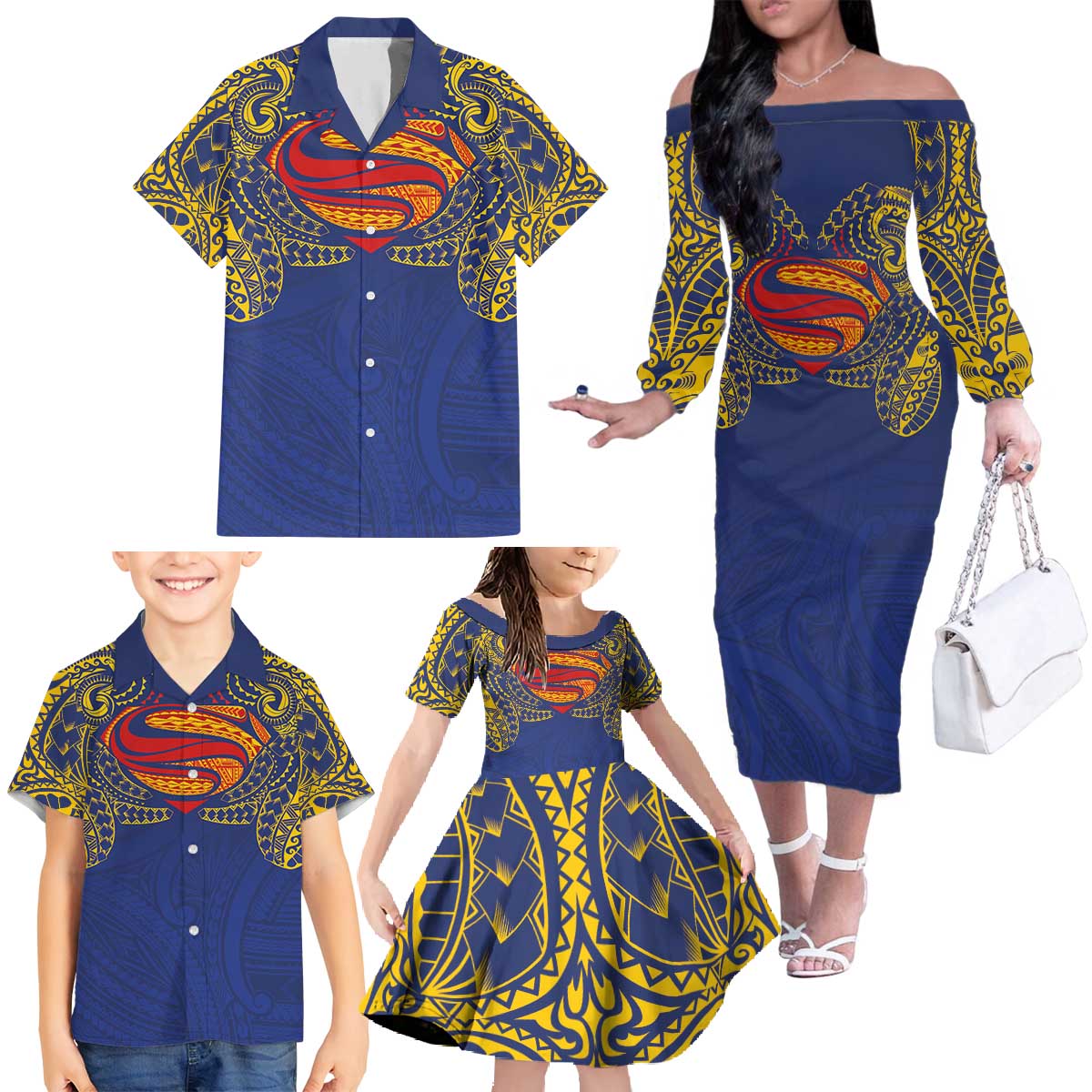 Super Samoan Traditional Tribal Art Tattoos Family Matching Off The Shoulder Long Sleeve Dress and Hawaiian Shirt Blue Color - Polynesian Pride