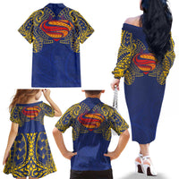 Super Samoan Traditional Tribal Art Tattoos Family Matching Off The Shoulder Long Sleeve Dress and Hawaiian Shirt Blue Color - Polynesian Pride