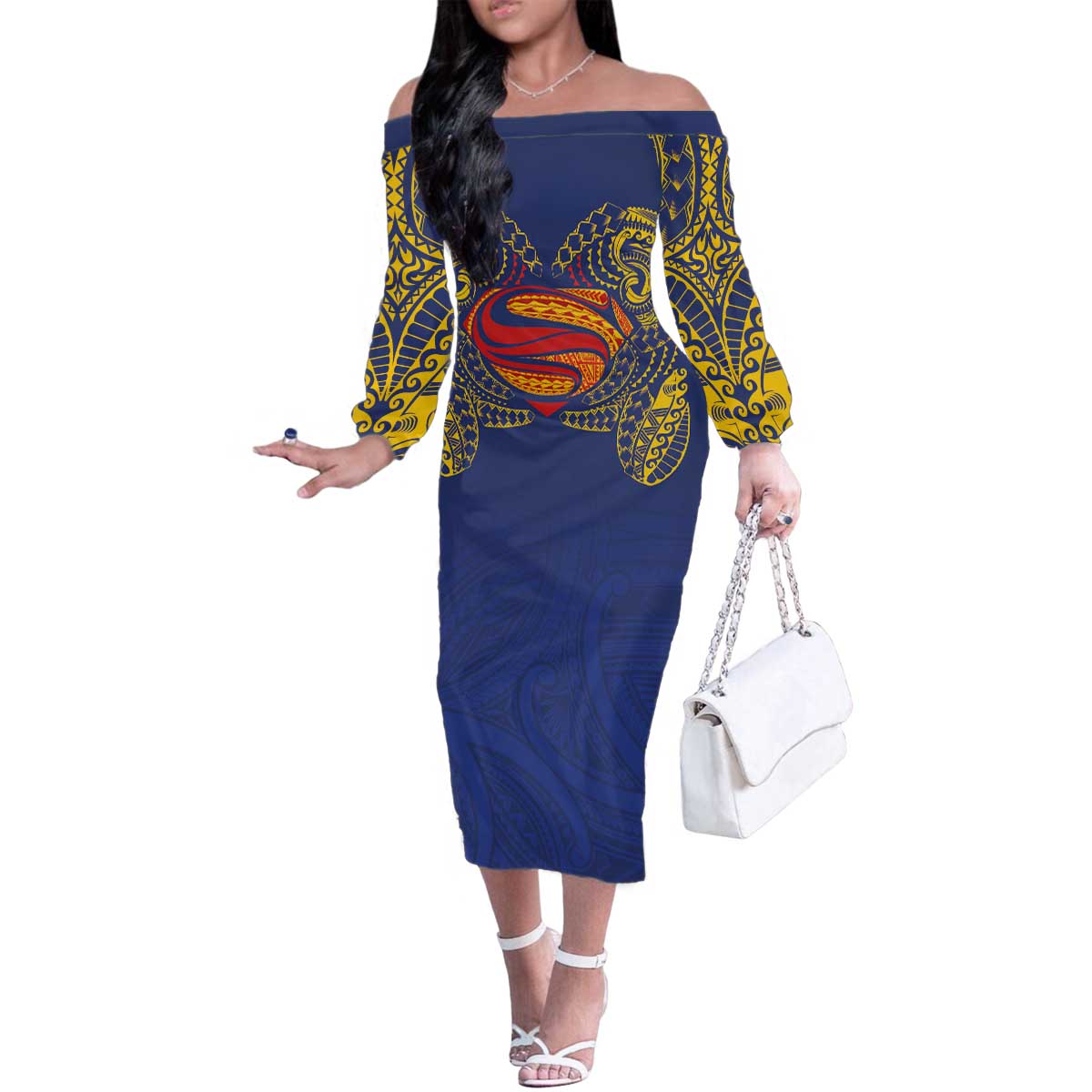 Super Samoan Traditional Tribal Art Tattoos Family Matching Off The Shoulder Long Sleeve Dress and Hawaiian Shirt Blue Color - Polynesian Pride