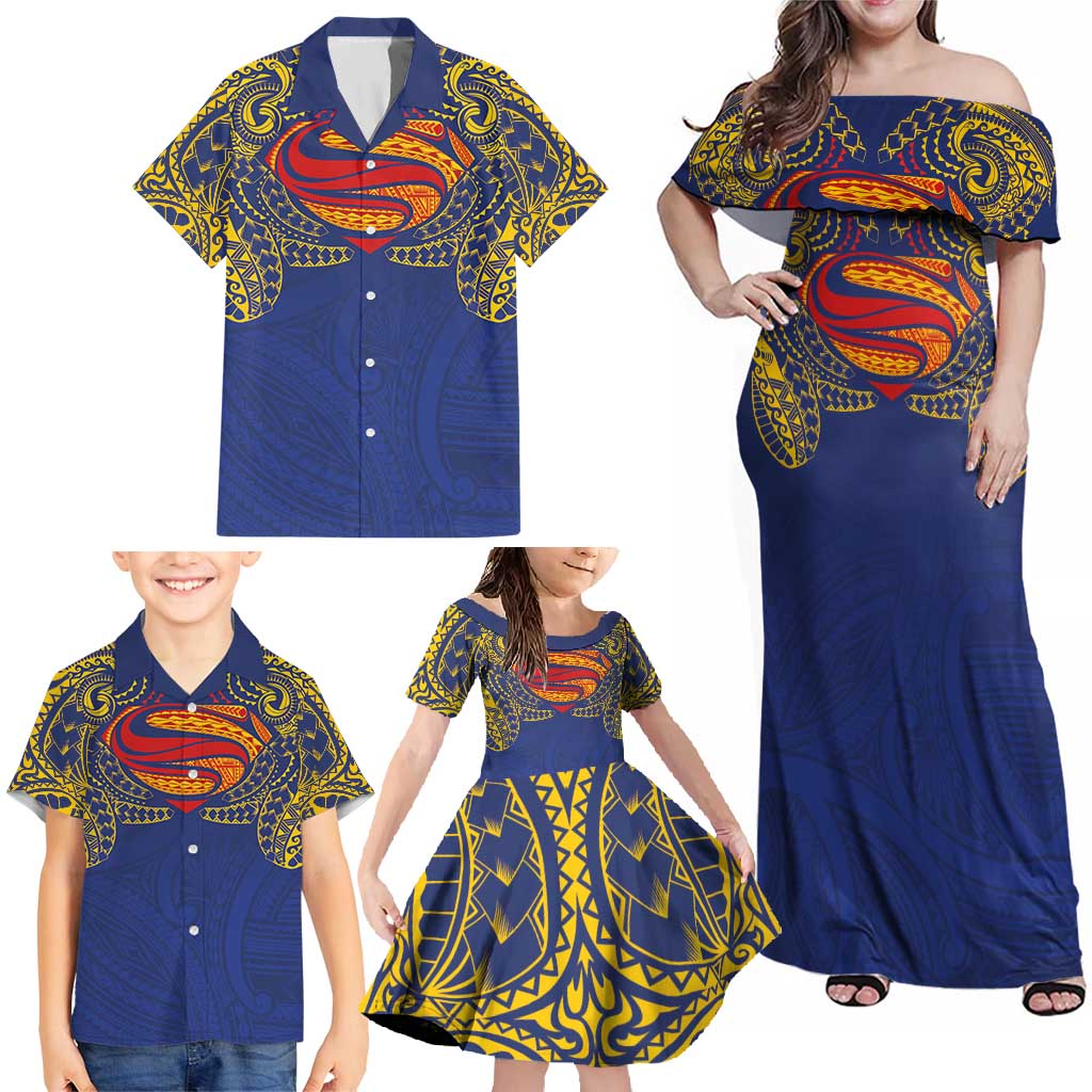 Super Samoan Traditional Tribal Art Tattoos Family Matching Off Shoulder Maxi Dress and Hawaiian Shirt Blue Color - Polynesian Pride