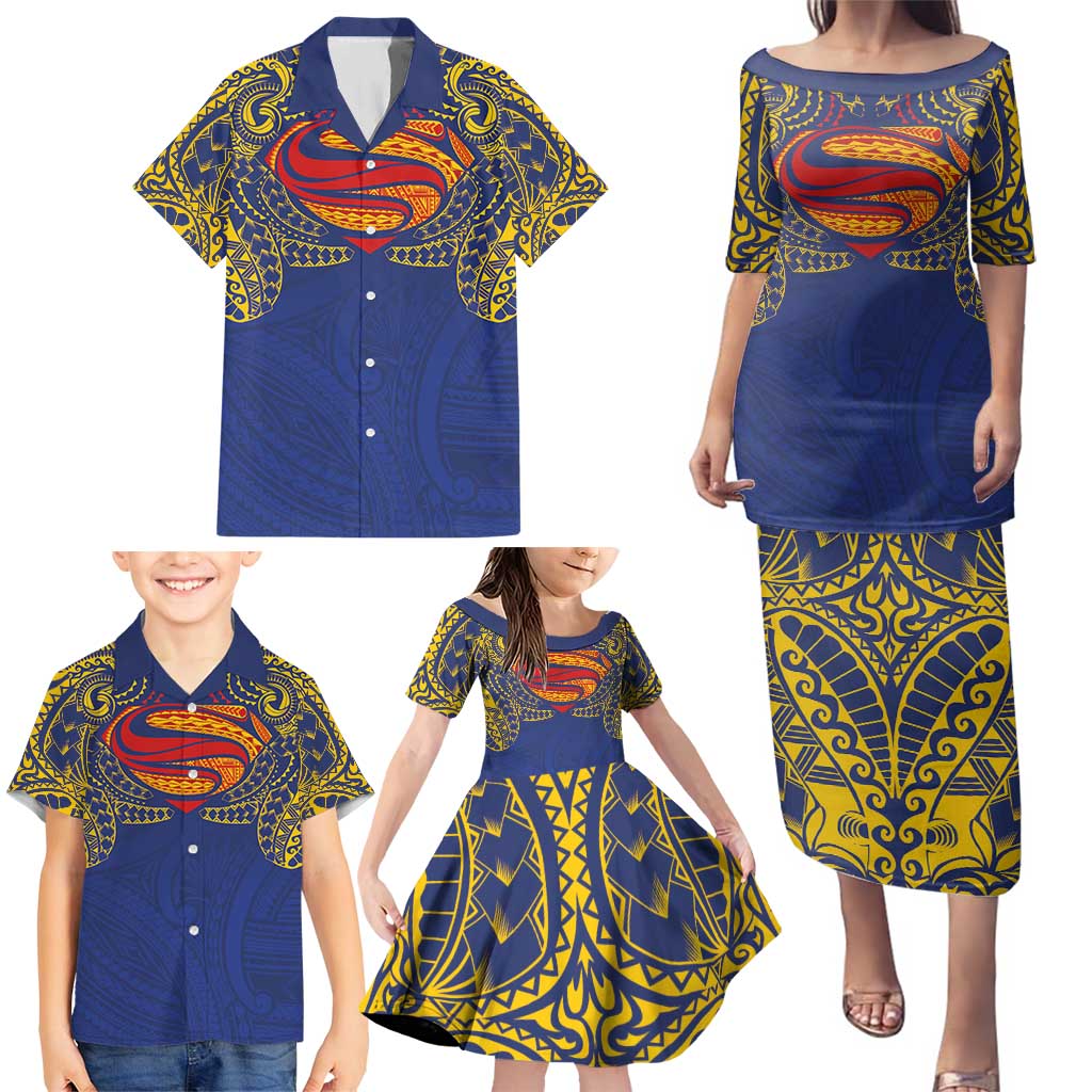 Super Samoan Traditional Tribal Art Tattoos Family Matching Puletasi and Hawaiian Shirt Blue Color - Polynesian Pride